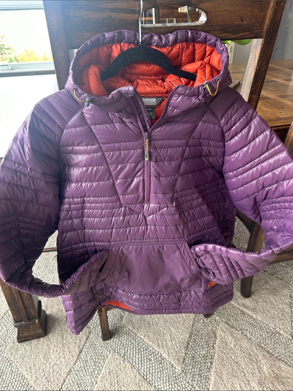 Outdoor Research Purple 800 Down fill Hooded Pullover with Orange Lining.